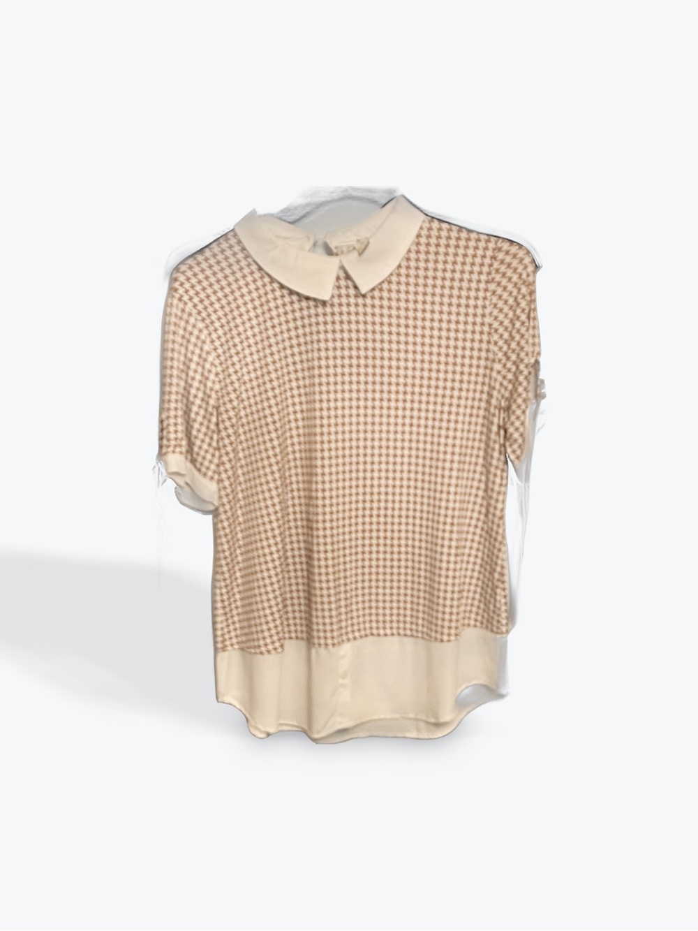 Beige Check Knit Polo Shirt with Contrast Collar - women
